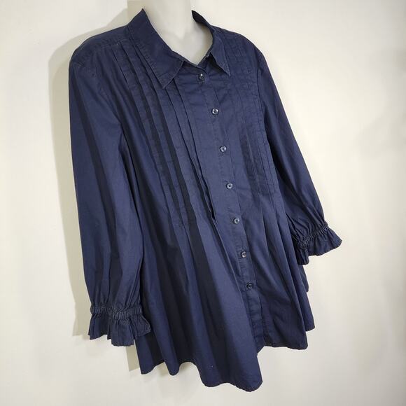 Chico’s Womens Poplin Pintuck Shirt Navy Blue 3/4 Sleeve Button Size 3 US 16 - Picture 5 of 9
